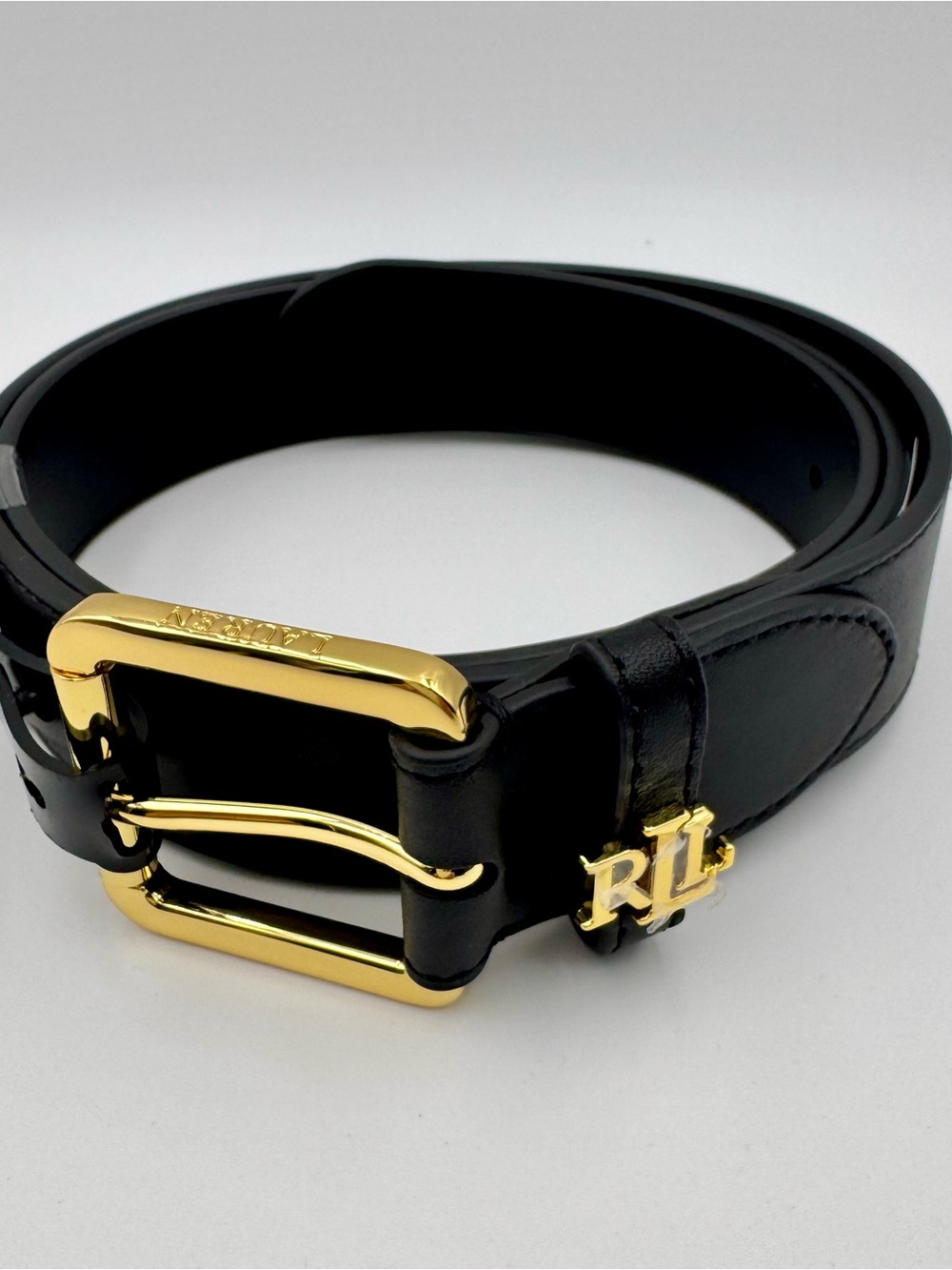 Large Ralph Lauren Black Leather Belt with Gold Buckle and RL Detail